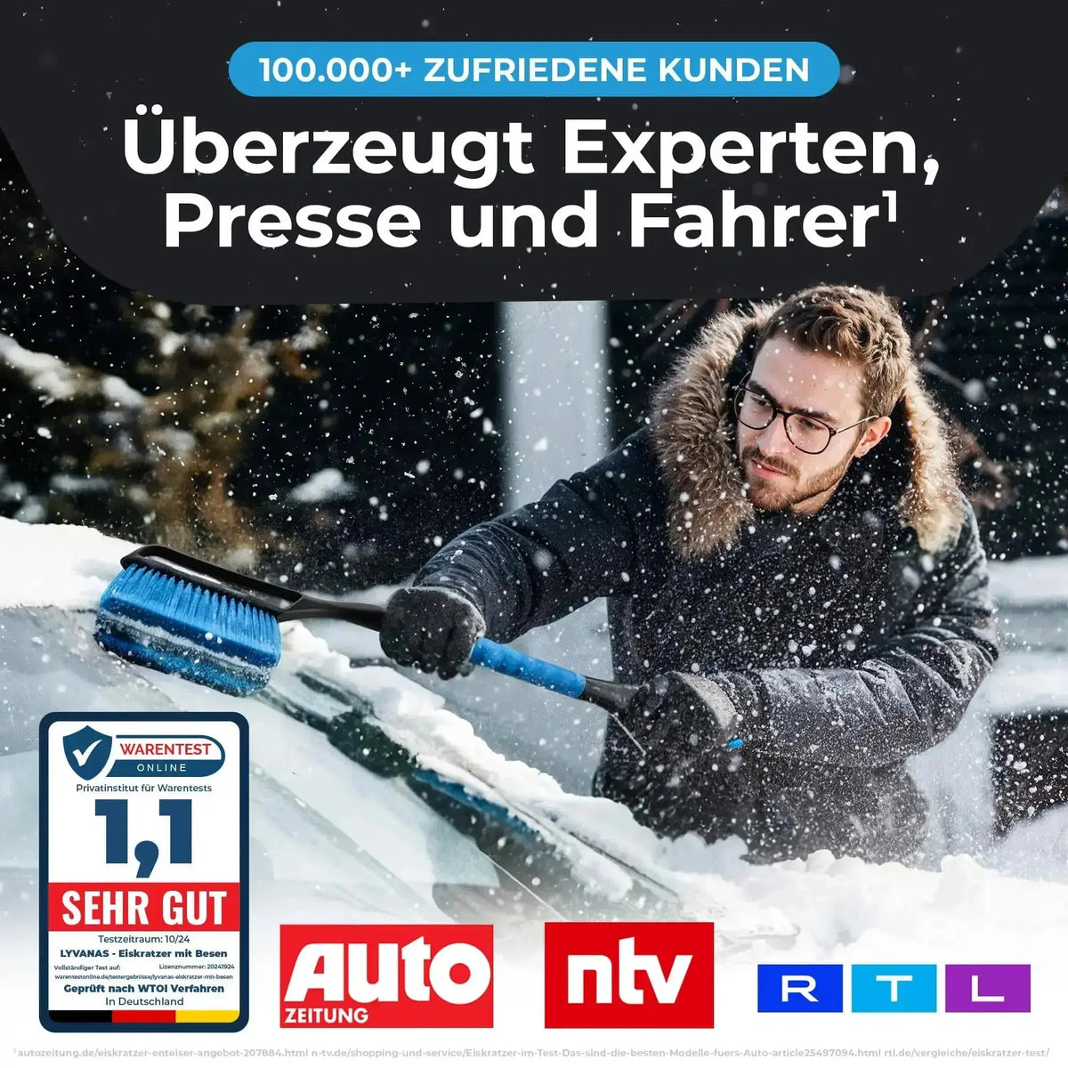 Eiskratzer mit Besen beim Entfernen von Schnee am Auto mit Testsieger-Auszeichnung