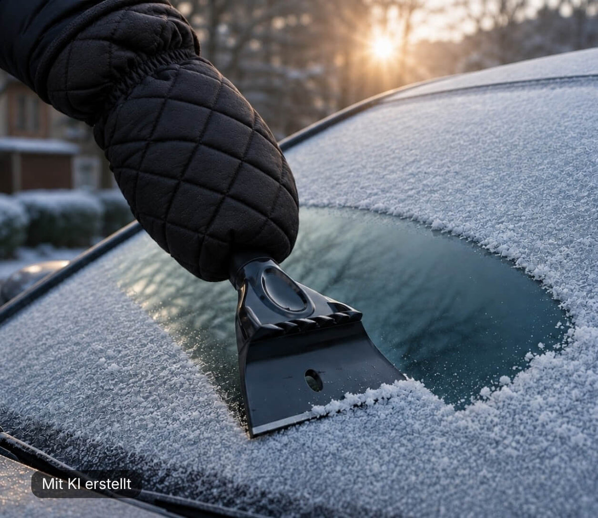 Eiskratzer mit Handschuh beim Entfernen von Eis und Frost auf der Windschutzscheibe