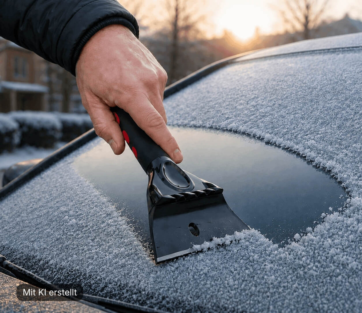 Eiskratzer beim Entfernen von Frost und Eis auf der Windschutzscheibe