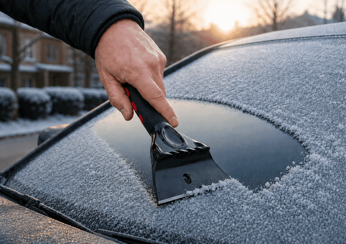 Eiskratzer beim Entfernen von Frost und Eis auf der Windschutzscheibe