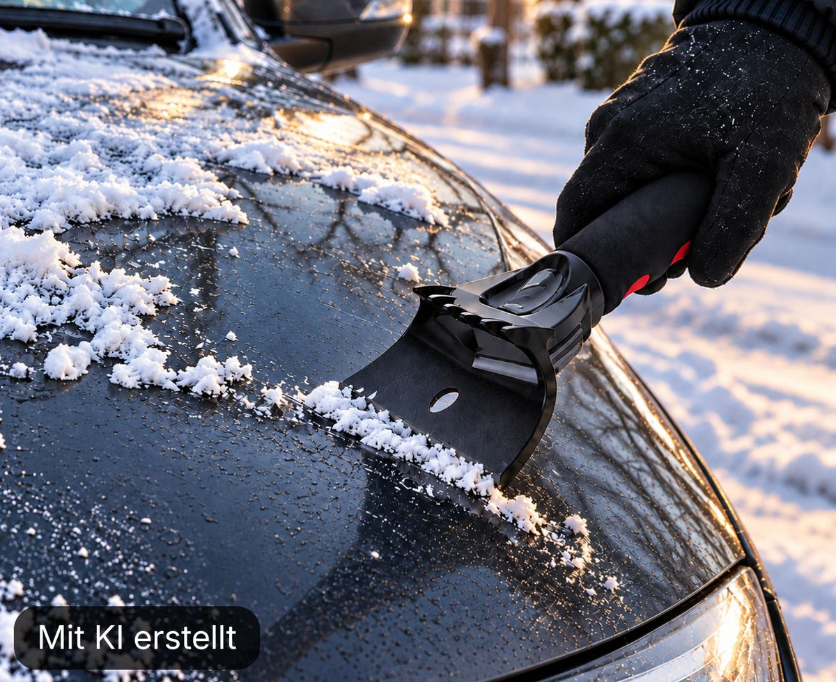 Ein Eiskratzer wird auf der lackierten Motorhaube verwendet – die Kratzkante ist nur für Autoscheiben vorgesehen.