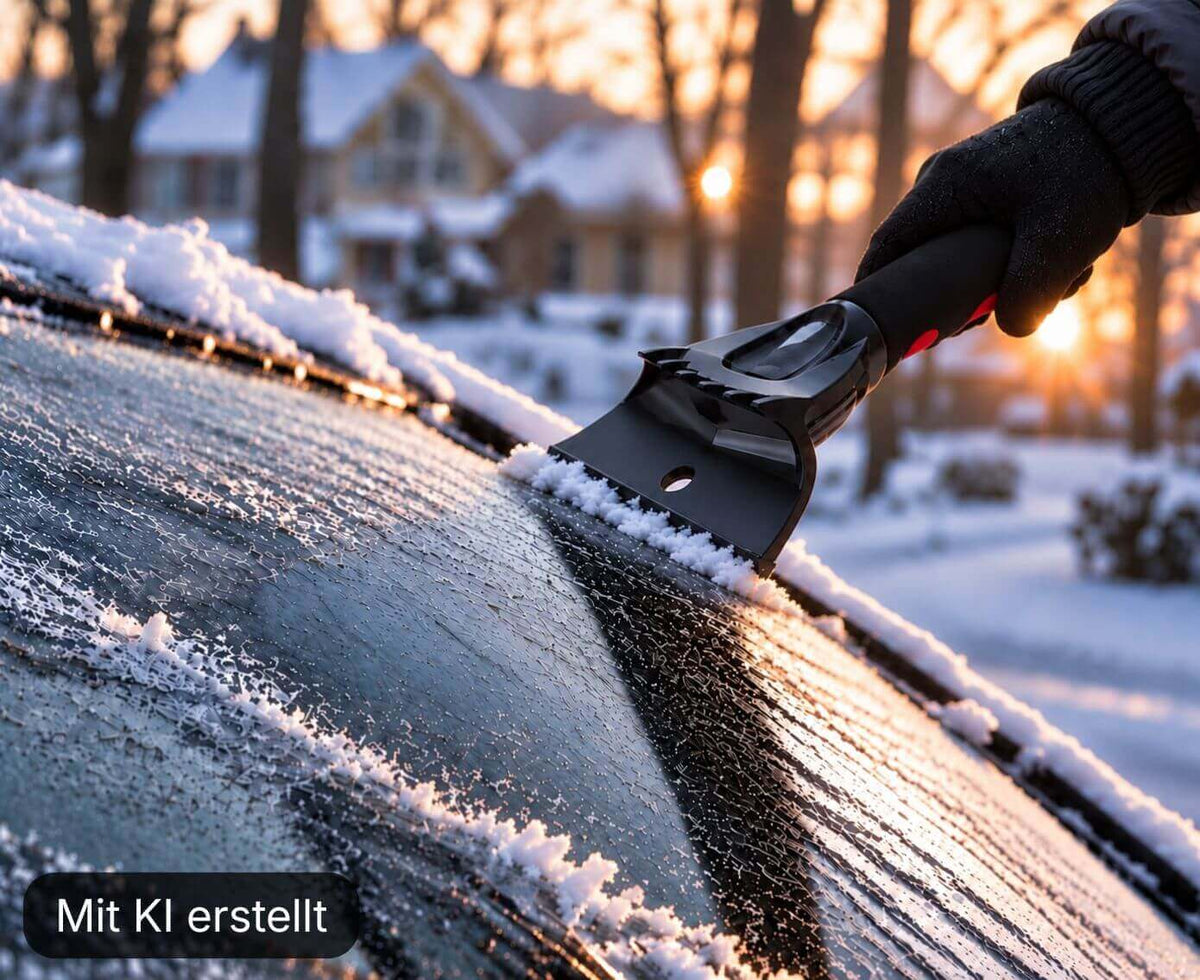 Ein Eiskratzer wird flach an der vereisten Windschutzscheibe angesetzt, um das Eis zu entfernen.