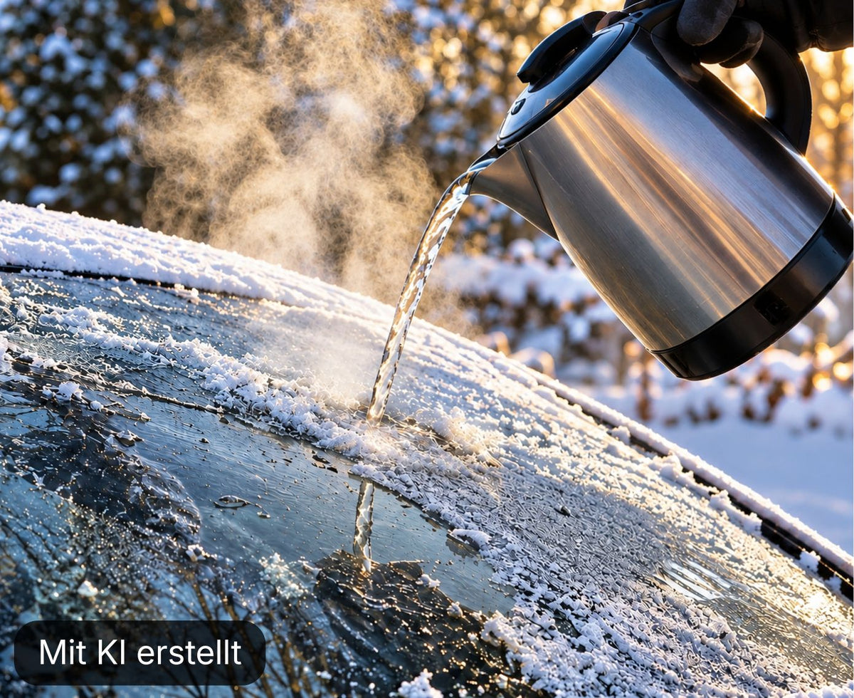 Heißes Wasser wird auf eine vereiste Windschutzscheibe gegossen – ein Fehler, der beim Enteisen vermieden werden sollte.