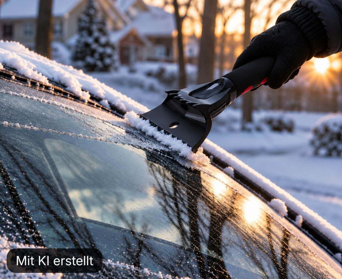 Ein Eiskratzer entfernt das restliche Eis von der Windschutzscheibe, die bereits teilweise freigekratzt ist.