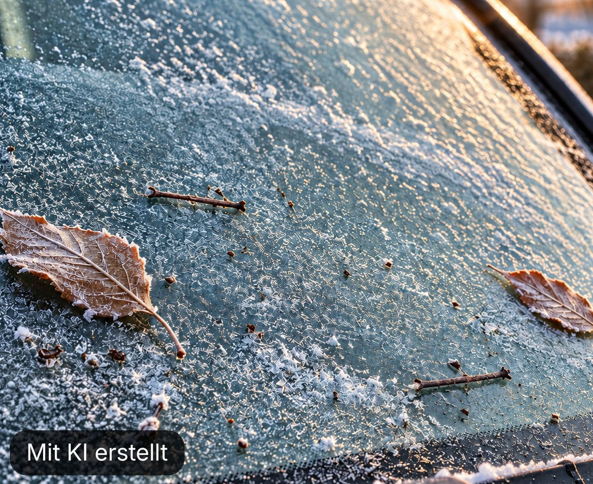 Blätter, kleine Äste und Schmutz liegen auf einer vereisten Windschutzscheibe und sollten vor dem Eiskratzen entfernt werden.