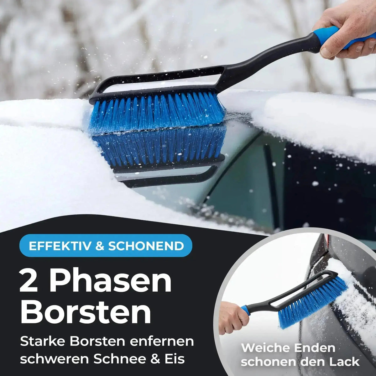 Eiskratzer mit Besen und 2-Phasen-Bürste beim Entfernen von Schnee am Auto