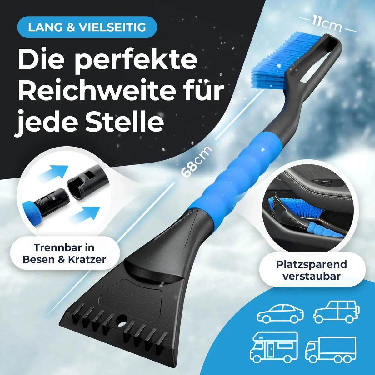Eiskratzer mit Besen und langem Stiel für mehr Reichweite am Auto, trennbar und platzsparend verstaubar