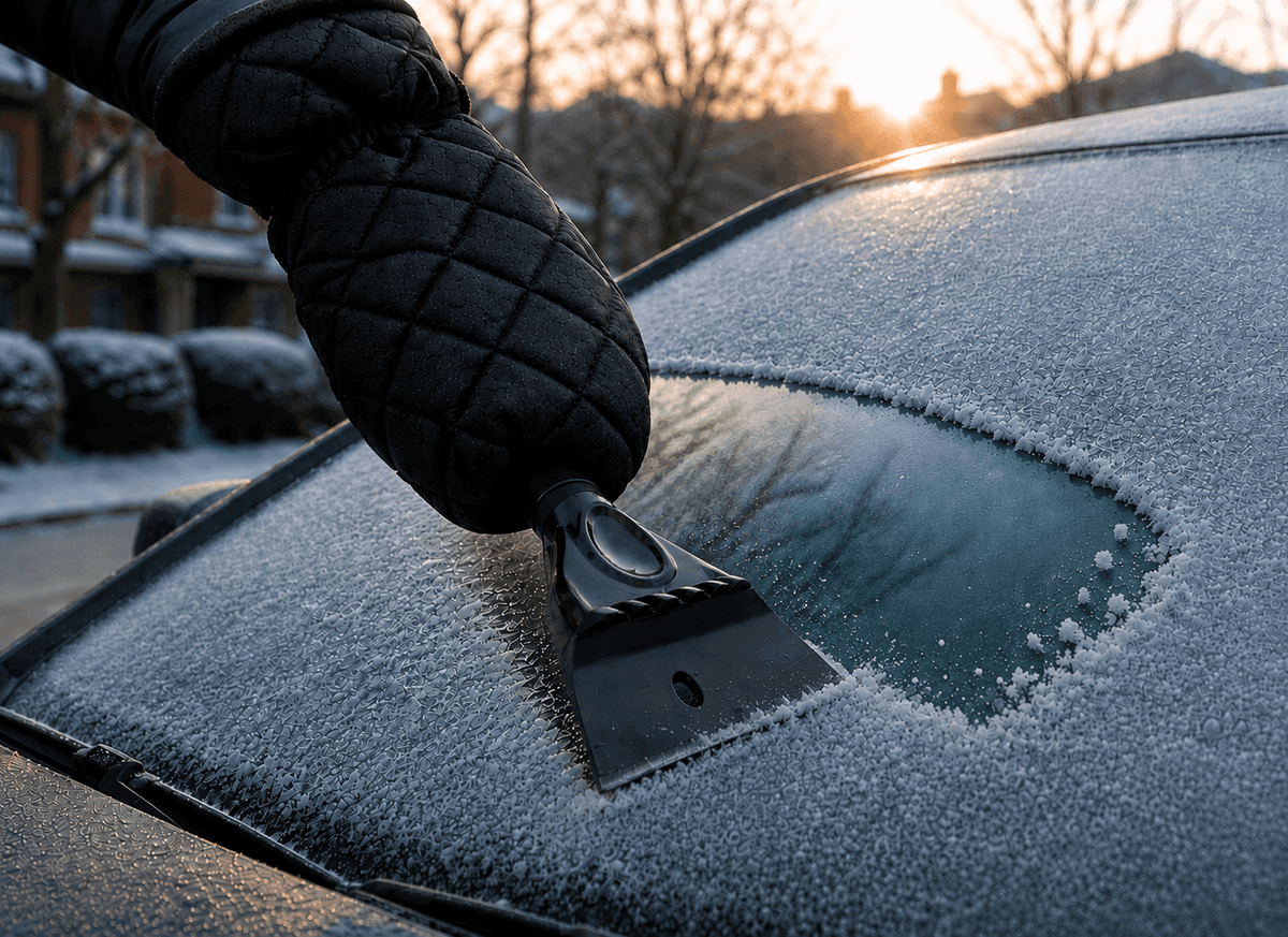 Eiskratzer mit Handschuh beim Entfernen von Eis und Frost auf der Windschutzscheibe