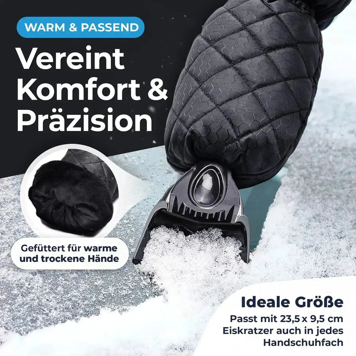 Eiskratzer mit Handschuh und warmem Futter für geschützte Hände beim Eiskratzen