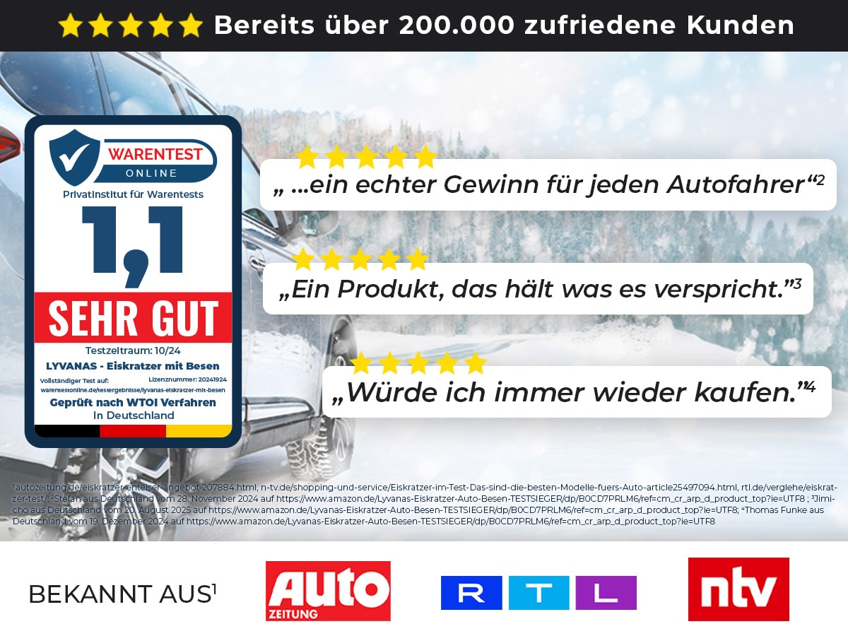 Lyvanas Eiskratzer Auto – ausgezeichnet mit 1,1 ‚Sehr gut‘, Kundenliebling und Testsieger unter den Autozubehör-Produkten