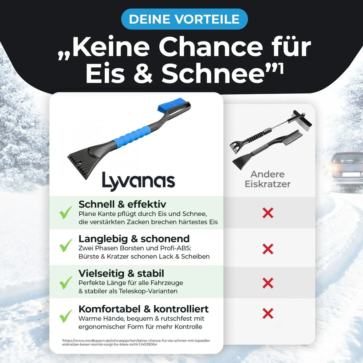 Lyvanas Eiskratzer mit Besen im Vergleich mit anderen Eiskratzern – Vorteile bei Schnee und Eis