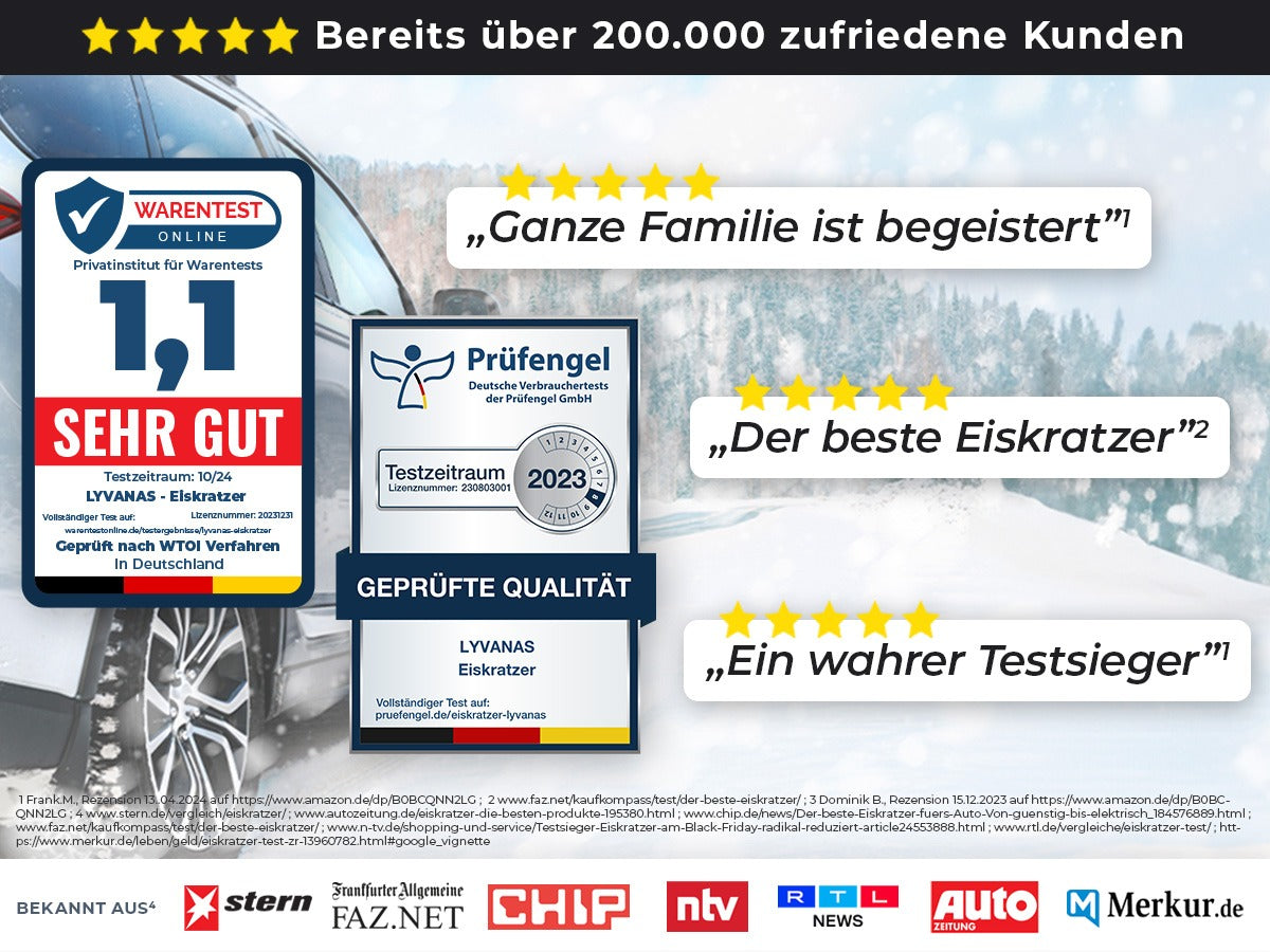 Lyvanas Eiskratzer Auto – ausgezeichnet mit 1,1 ‚Sehr gut‘, Kundenliebling und Testsieger unter den Autozubehör-Produkten“