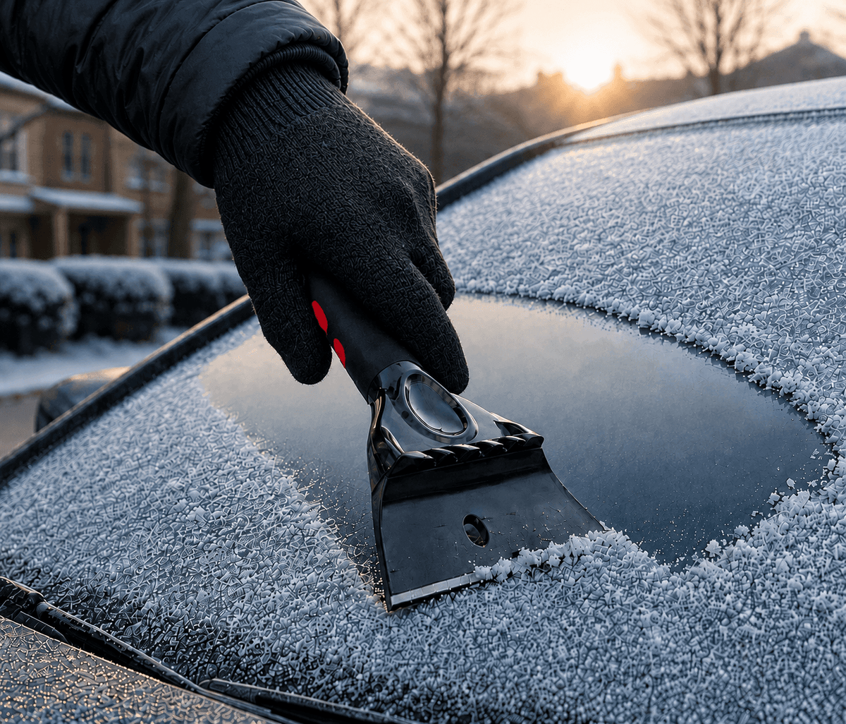 Lyvanas Eiskratzer entfernt Eis und Frost von einer vereisten Autoscheibe